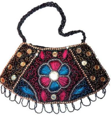 Multicolor Cotton Fabric Embroidered Vest Handle Beaded Purse