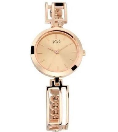 Golden Polished Gold Finish Round Raga Titan Ladies Wrist Watch