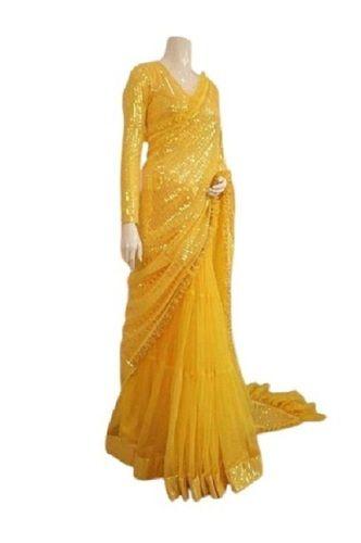 Art Silk Ladies Plain Yellow Party Wear Net Saree For Parties And Other Functions