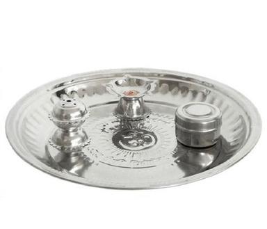 Silver 12 Inches Polished Round Stainless Steel Pooja Thali