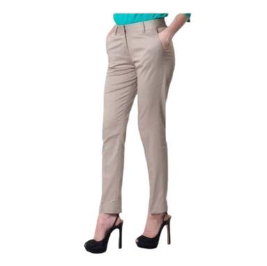 Cream Regular Fit And Button Closure Formal Wear Plain Cotton Pants For Ladies