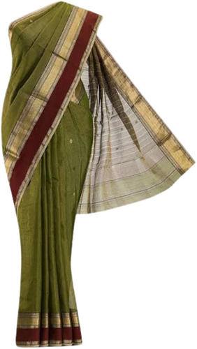 Green Daily Wear Broad Border Cotton Sarees For Womens