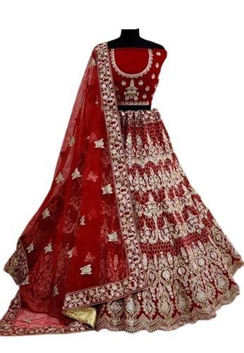 Red Comfortable Embroidered Designer Velvet Bridal Lehenga With Dupatta