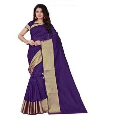 Summer Purple Golden Border Printed Pattern Cotton Silk Saree For Party Wear