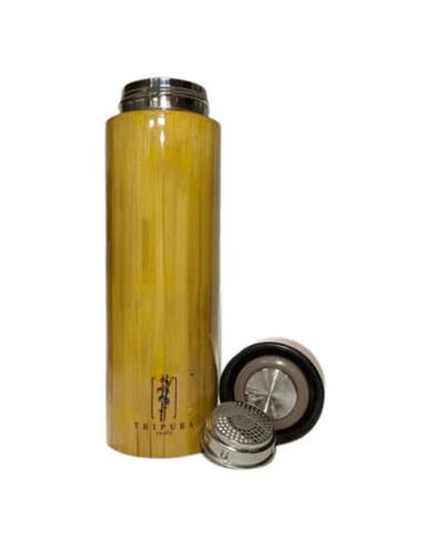 Silver And Brown 900 Milliliter 12X2.5 Inches Polished Finish Water Bamboo Bottle With Screw Cap