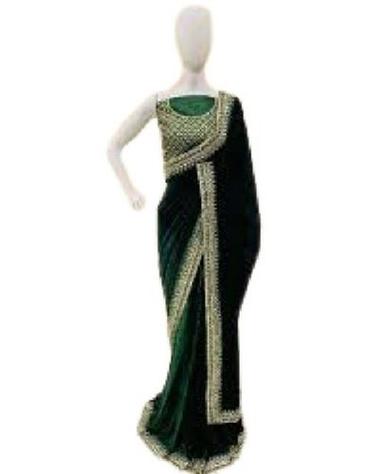 Green Embroidered Pattern Velvet Fabrics Bollywood Style Party Wear Sarees