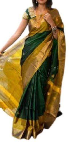 Dark Green Light Weight Plain Pattern South Style Festive Wear Silk Saree For Ladies 