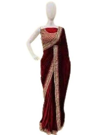 Maroon Hand Embroidered Pattern Bollywood Style Party Wear Fancy Velvet Sarees