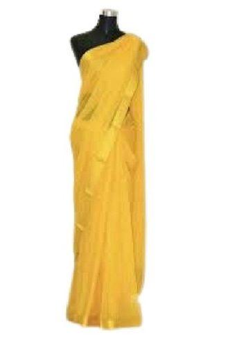 Yellow Plain Stylish Chiffon Saree For Ladies With Attach Blouse
