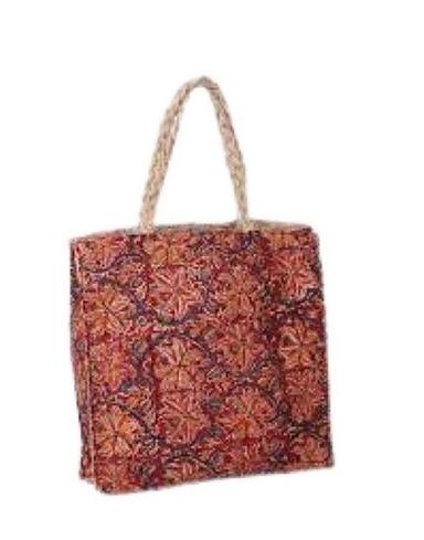 Brown Trendy Rectangular Printed Pattern Shoulder Length Handle Jute Hand Bag