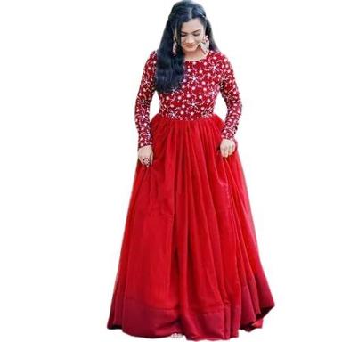 Party Wear Ladies Full Sleeve Round Neck Red Printed Gown
