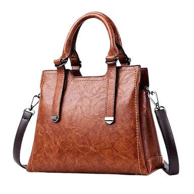 Brown 12X4X16 Inches Rectangular Zipper Closure Plain Leather Handbag For Ladies