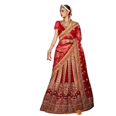 Red And Goden Traditional Embroidered Half Sleeves Velvet Bridal Lehenga With Blouses 