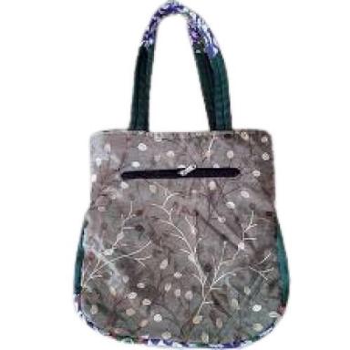 Grey Printed Design Cotton Hand Bags With Zipper Closure