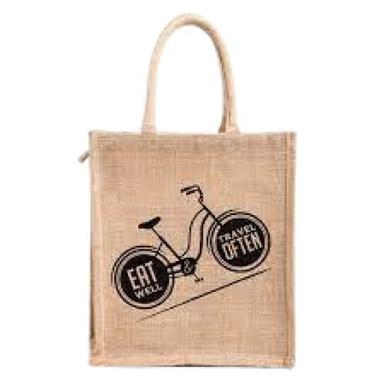 Light Brown With Black Reusable Eco-Friendly Loop Handle Zipper Top Printed Jute Bag For Shopping