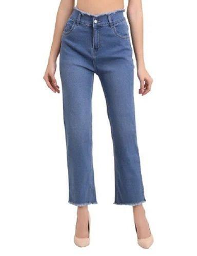 Blue Comfortable And Slim Fit Plain Dyed Denim Bottom Jean For Ladies 