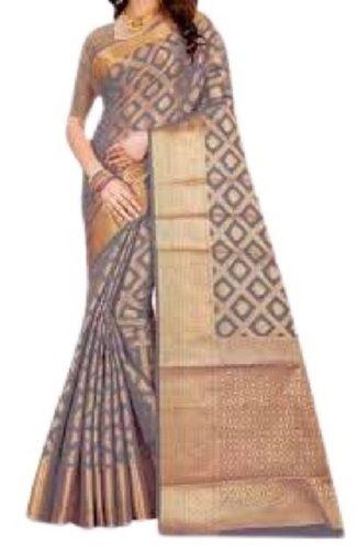 Summer Ladies Grey With Golden Color Printed Party Wear Banarasi Silk Saree