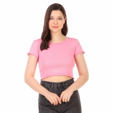 Link Women Casual Round Neck Half Sleeve Pink Crop Cotton Top