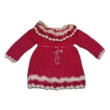 Pink And White Comfortable Full Sleeves Winter Wear Woolen Hand Knitted Frock For Kids