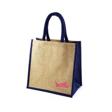 Blue And Cream 14X11X6 Inches Light Weight Hand Length Handle Plain Jute Box Bag
