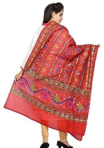 Red Traditional Cotton Sequins Embroidered Dupatta For Ladies Use