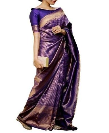 Purple Printed Party Wear Zari Work Banarasi Style Cotton And Silk Blend Saree For Ladies 