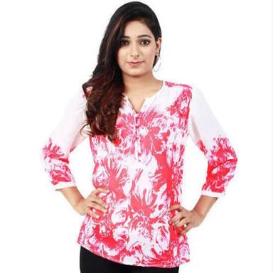 White And Pink 3 By 4 Sleeve Floral Printed Rayon Tops For Ladies 