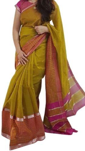 Green With Pink Plain Light Weight Soft Comfortable Breathable Banarasi Cotton Silk Blend Saree For Ladies 