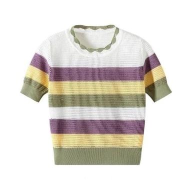 Multicolor Winter Wear Soft And Warm Short Sleeves Striped Woolen Top For Women 