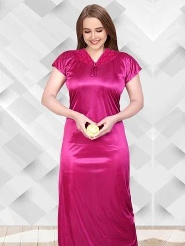 Pink Summer Wear V-Neck Short Sleeves Plain Silk Nightgown For Women