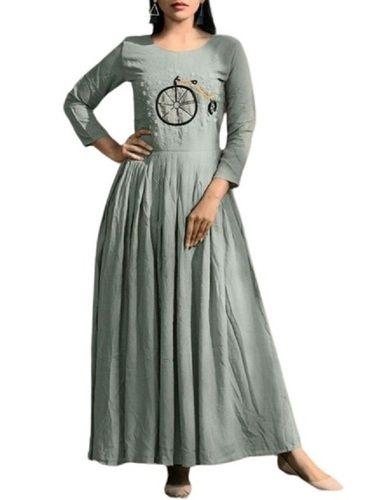 Grey Ladies Printed 3-4 Sleeve Casual Wear Cotton Kurti