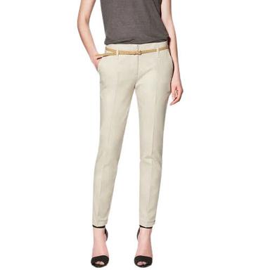 Cream Formal Wear Slim Fit Ankle Length Zipper Fly Plain Dyed Cotton Trouser For Ladies