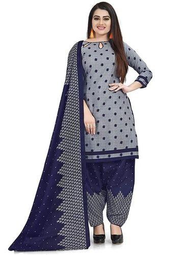 Blue And Gray Casual Wear 3/4Th Sleeve Printed Cotton Ladies Fancy Salwar Suit With Dupatta