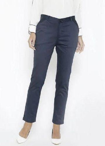 Grey Double Pocket Straight Regular Fit Plain Cotton Formal Pants For Ladies