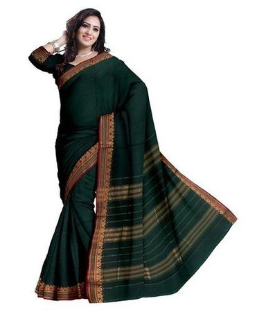 Festive Party Wear Green Plain Cotton Saree With Border Work