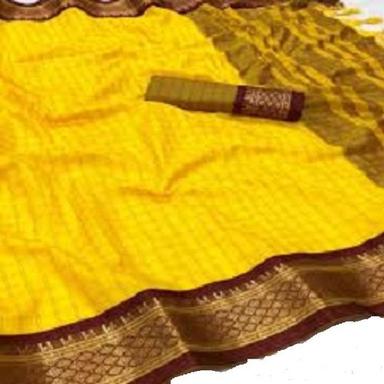Summer Ladies Check Yellow Festive Wear Silk Cotton Saree