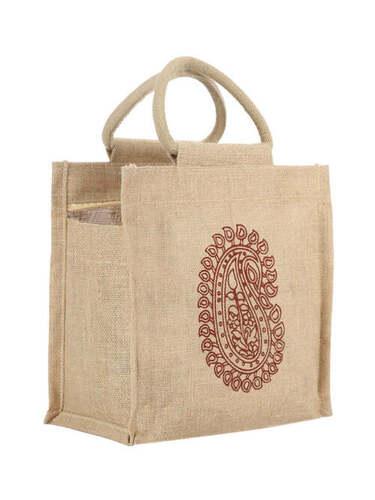 Brown Printed Design Easy To Hold Jute Lunch Bag For Lunch 