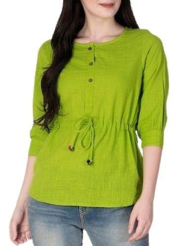 Green Plain Pattern 3/4Th Sleeves Casual Wear Pure Cotton Ladies Tops