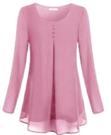 Pink Round Neck Plain Pattern Full Sleeve Casual Wear Ladies Chiffon Tops