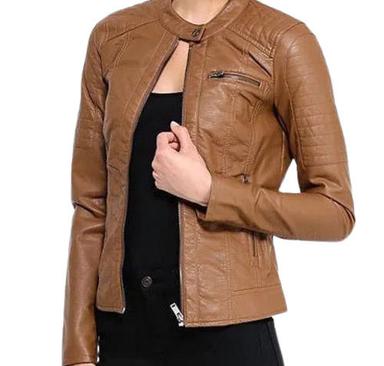 Brown Casual Wear Full Sleeves Plain Leather Ladies Jackets For Winter Season