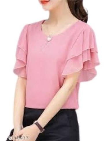 Pink Ladies Round Neck Half Sleeve Plain Chiffon Tops