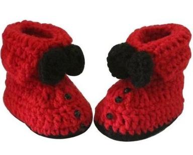 Red And Black Pair Of Woolen Crochet Baby Booties