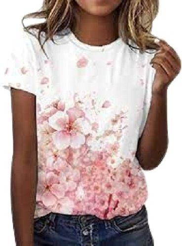 White With Peach Flowers Printed And Short Sleeve Casual Wear Top