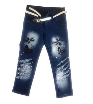 Blue Zipper Closure Washable Slim Fit Embroidery Denim Jeans For Baby Girl