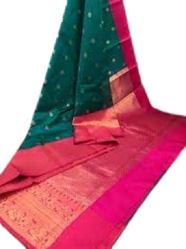 Green With Pink Ladies Printed Traditional Wear Silk Cotton Saree
