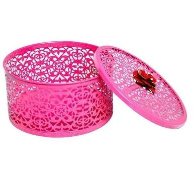Pink Flower Design Paint Plated Antique Round Metal Gift Box