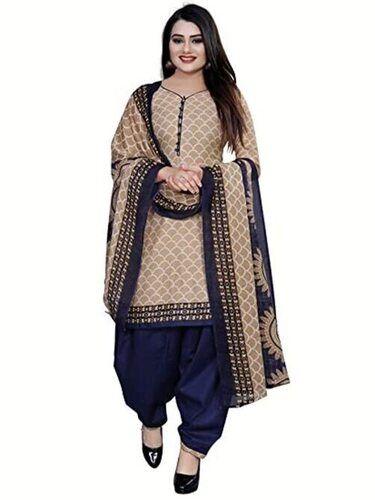 Navy Blue And Beige Casual Wear Full Sleeves Unfadable Cotton Salwar Suit With Dupatta