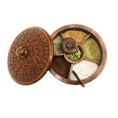 Brown Inaithiram Sb06C Wooden Spice Box With 6 Containers