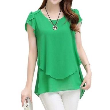 Ladies Plain Short Sleeve Green Casual Wear Chiffon Top Length: 29  Centimeter (Cm)