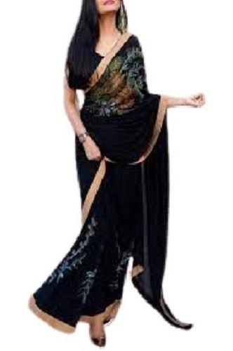 South Ladies Printed Black Chiffon Casual Wear Saree